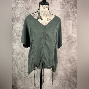 XCVI Green V-Neck Drawstring Front Raw Edge Hemline Short Sleeve Top size XL